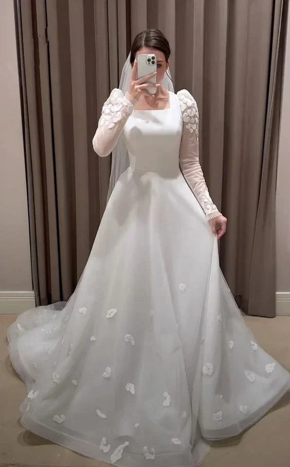 Modest White A-line Long Sleeves Wedding Dress,White Bridal Dress  Y6729 - Image 2