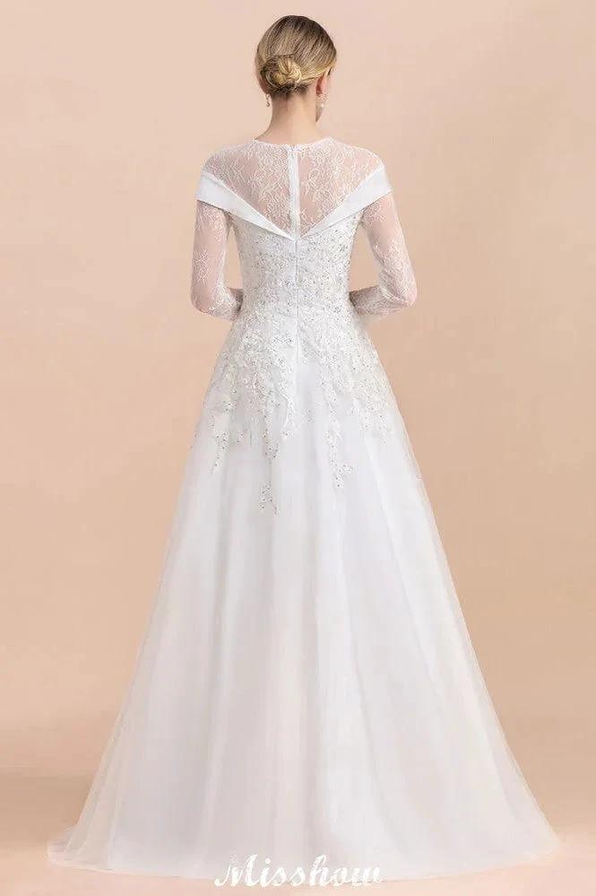 Modest White Beaded Appliques Wedding Dress Long Sleeve Floor Length Ball Gown - Image 2
