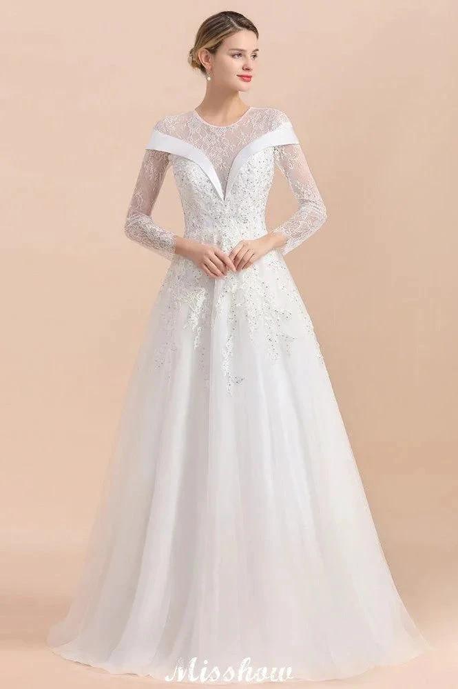 Modest White Beaded Appliques Wedding Dress Long Sleeve Floor Length Ball Gown - Image 3