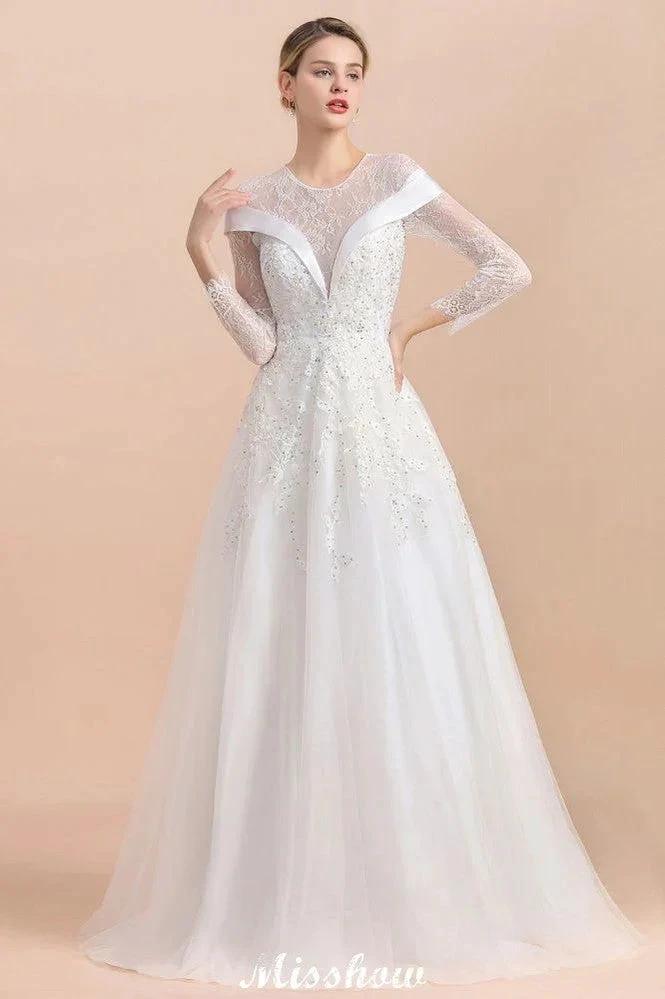 Modest White Beaded Appliques Wedding Dress Long Sleeve Floor Length Ball Gown - Image 4