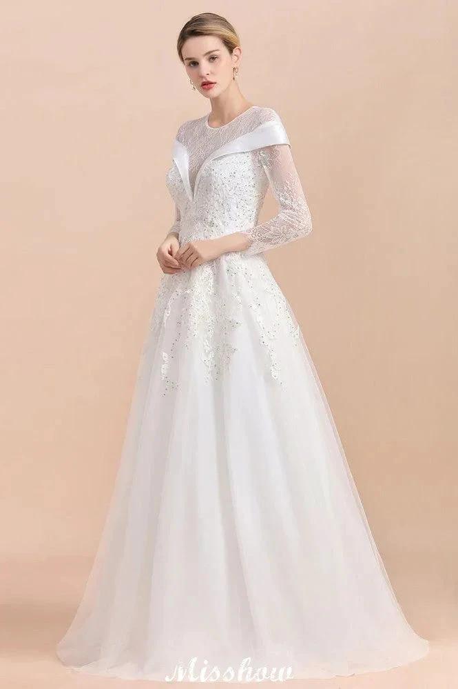 Modest White Beaded Appliques Wedding Dress Long Sleeve Floor Length Ball Gown - Image 5