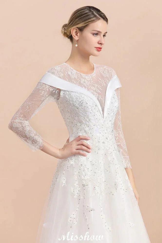 Modest White Beaded Appliques Wedding Dress Long Sleeve Floor Length Ball Gown - Image 6