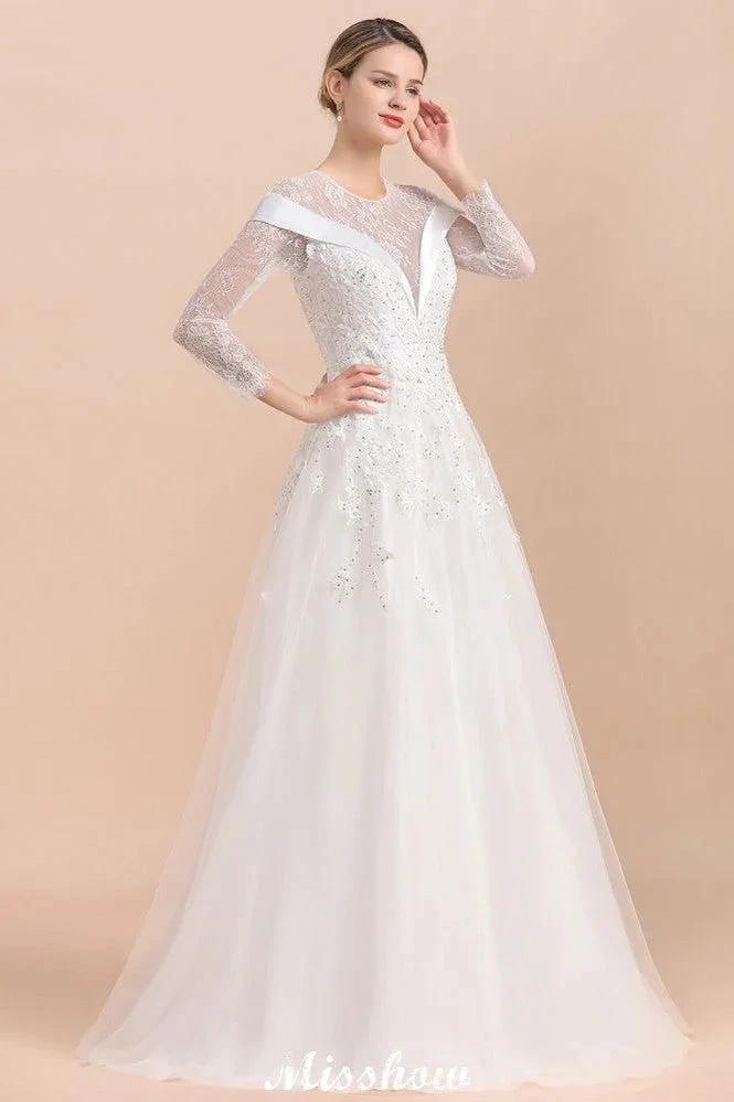 Modest White Beaded Appliques Wedding Dress Long Sleeve Floor Length Ball Gown - Image 7