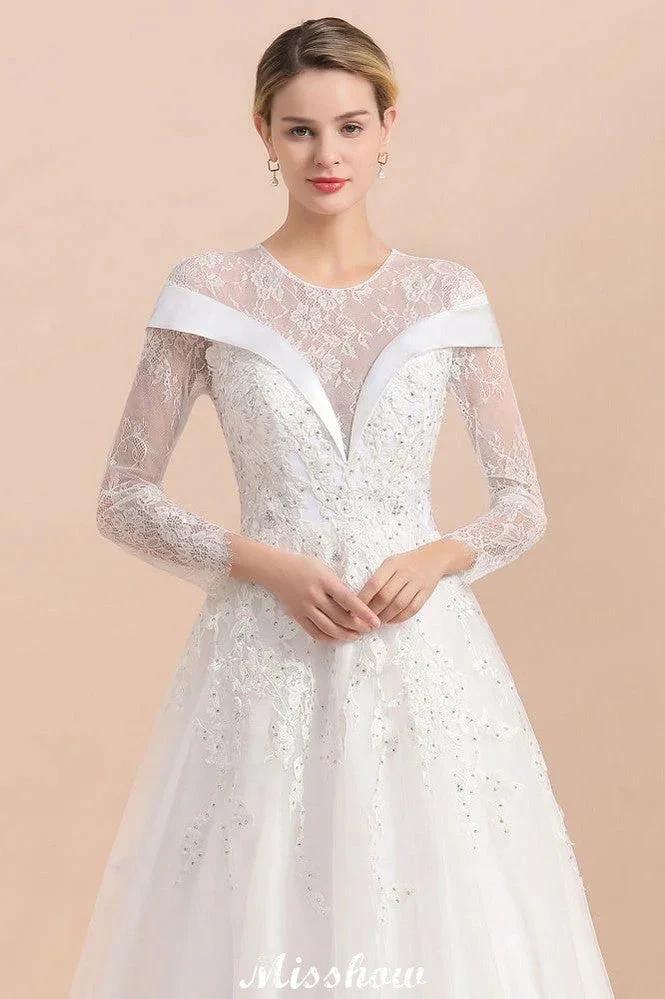 Modest White Beaded Appliques Wedding Dress Long Sleeve Floor Length Ball Gown - Image 8