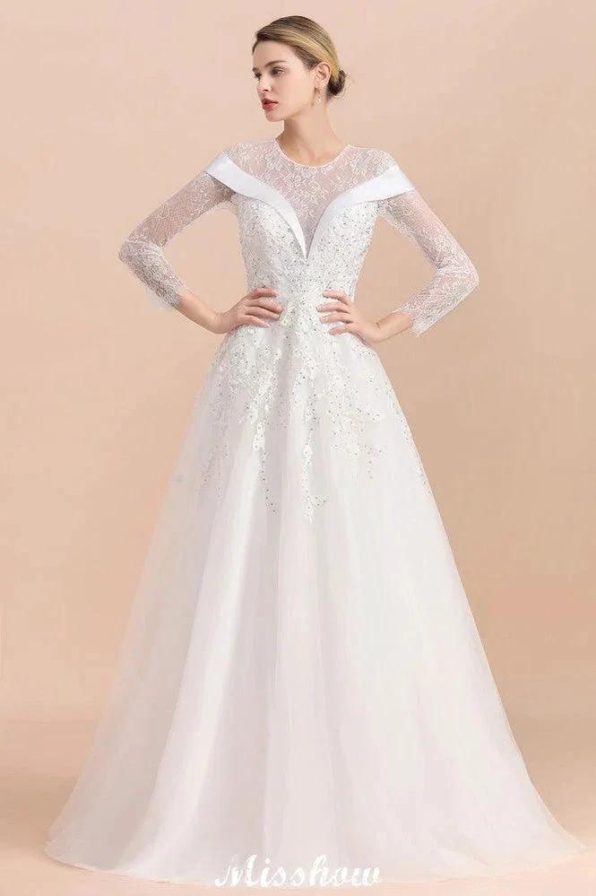Modest White Beaded Appliques Wedding Dress Long Sleeve Floor Length Ball Gown - Image 9