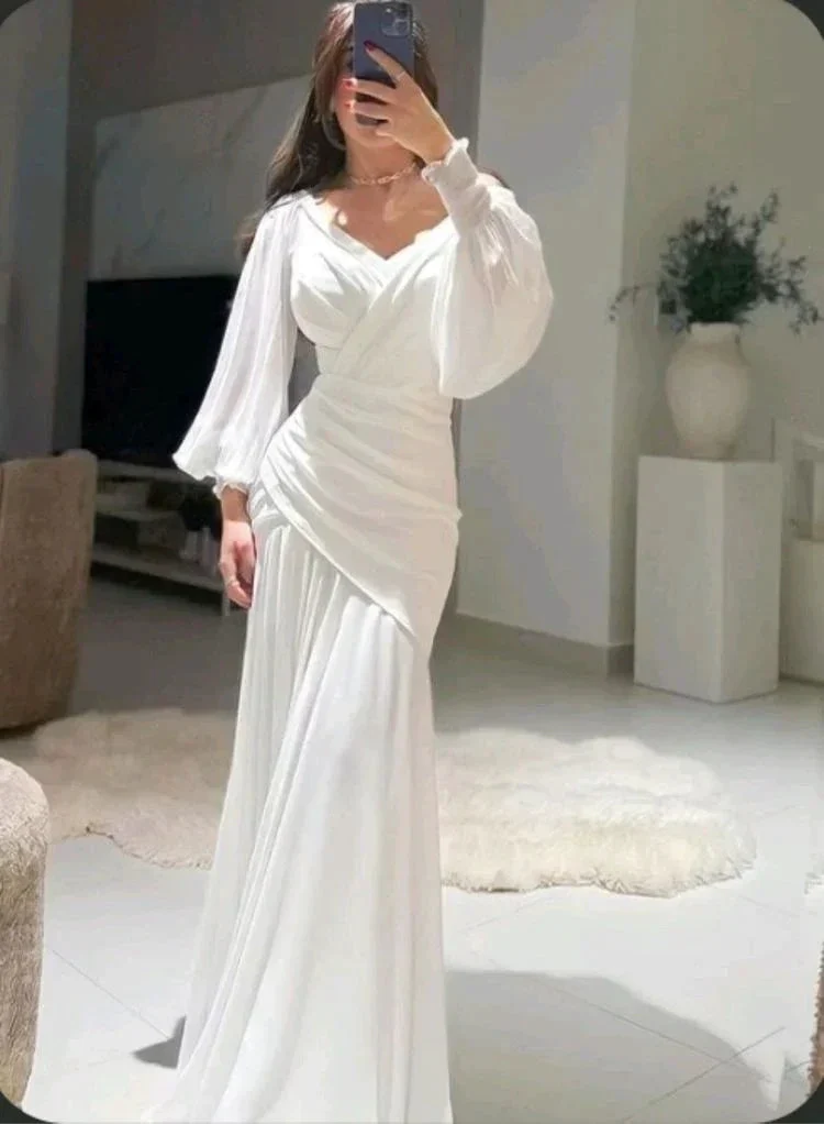 Modest White Mermaid Long Evening Dress with Puff Sleeves Y4074 - Image 2