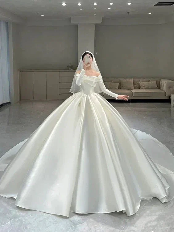 Modest White Satin Puffy Wedding Dress,White Bridal Gown Y6737 - Image 2