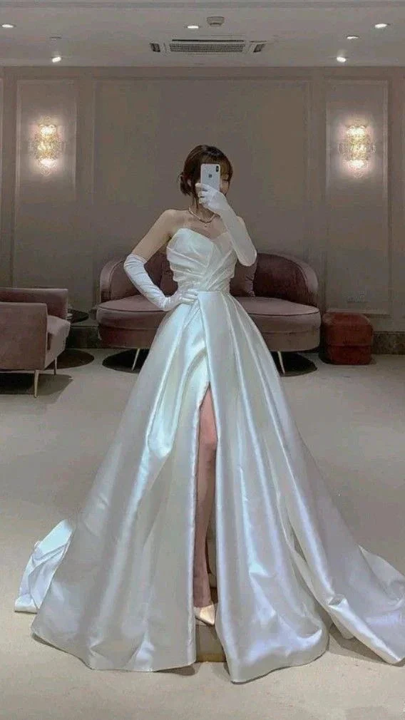 Modest White Satin Wedding Dress,White Bridal Dress Y4059 - Image 2