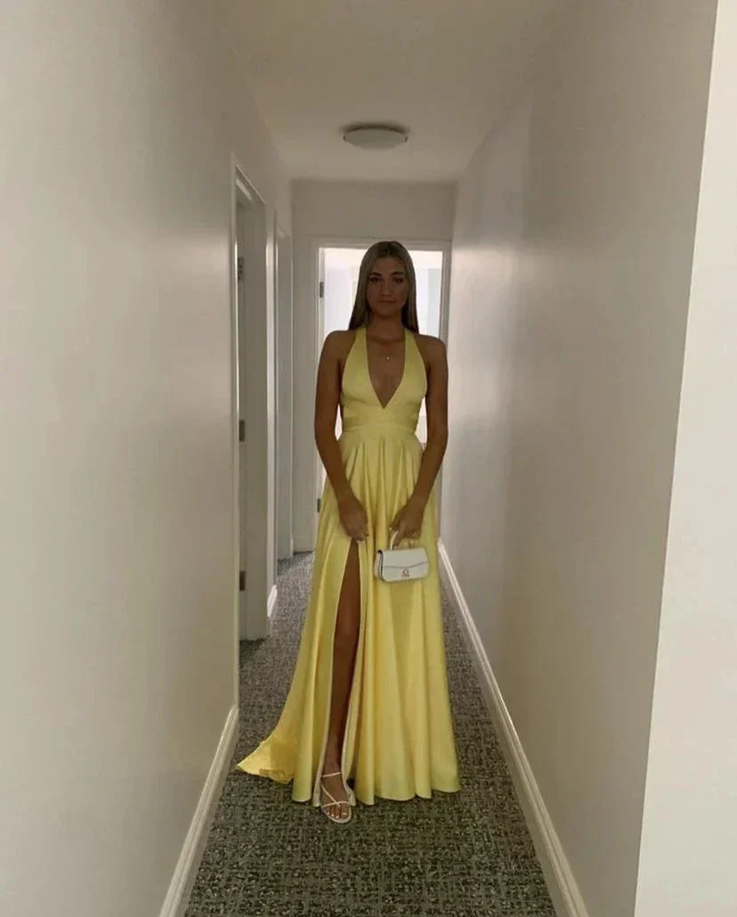 Modest Yellow Satin Long Evening Dresses with Side Slit Formal Party Dress Y5217 - Image 2