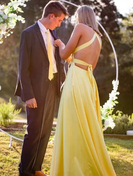 Modest Yellow Satin Long Evening Dresses with Side Slit Formal Party Dress Y5217 - Image 3