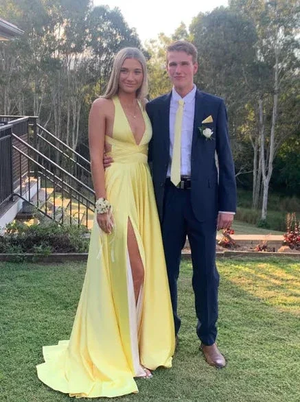 Modest Yellow Satin Long Evening Dresses with Side Slit Formal Party Dress Y5217 - Image 4