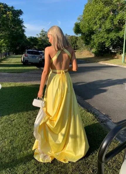 Modest Yellow Satin Long Evening Dresses with Side Slit Formal Party Dress Y5217 - Image 5
