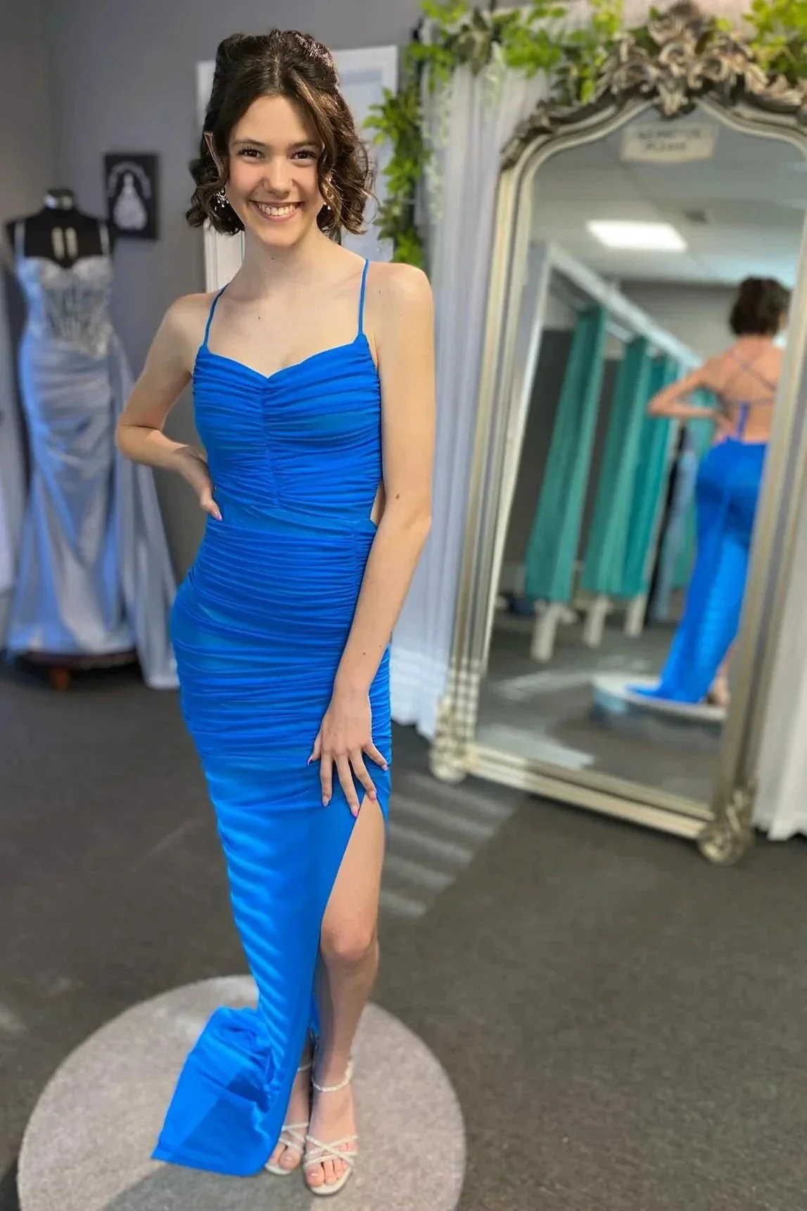 Montana | Lace-Up Back Mermaid Ruched Maxi Dress with Slit in Light Blue - Image 3