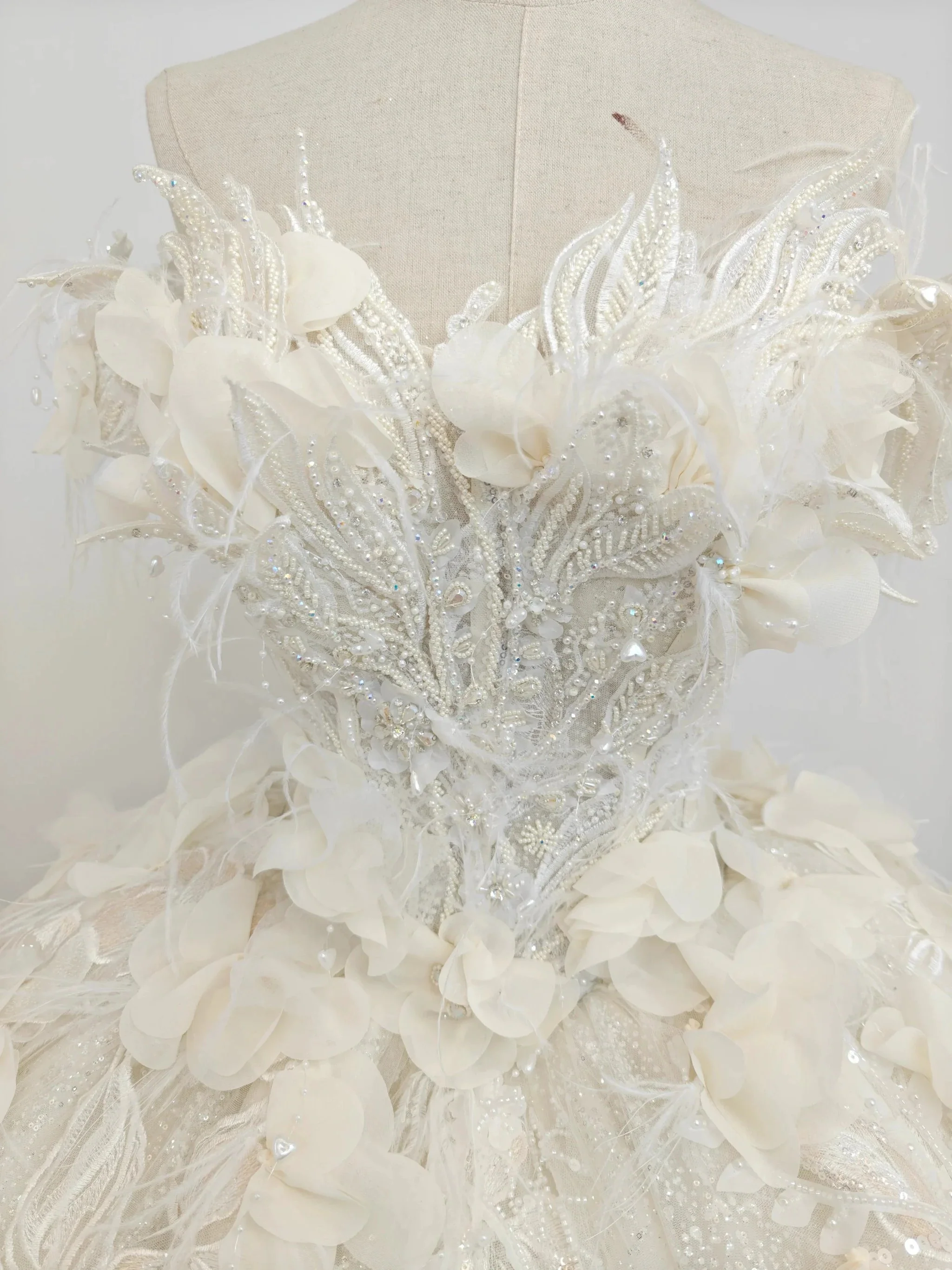 Ethereal Off-the-Shoulder Ball Gown Wedding Dress with 3D Floral Appliqués, Pearl Beading & Glitter Tulle Ye-2038 - Image 2