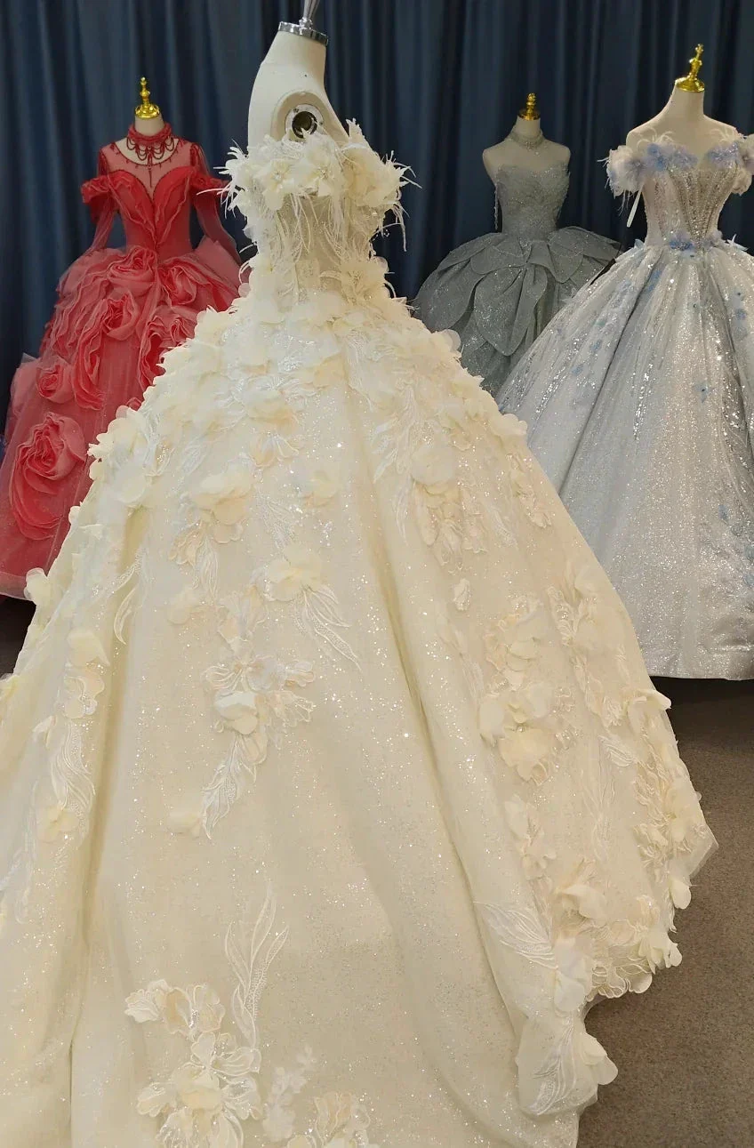 Ethereal Off-the-Shoulder Ball Gown Wedding Dress with 3D Floral Appliqués, Pearl Beading & Glitter Tulle Ye-2038 - Image 3