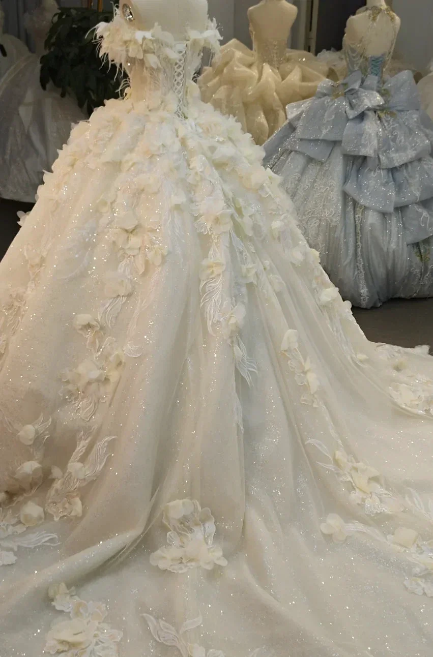Ethereal Off-the-Shoulder Ball Gown Wedding Dress with 3D Floral Appliqués, Pearl Beading & Glitter Tulle Ye-2038 - Image 4