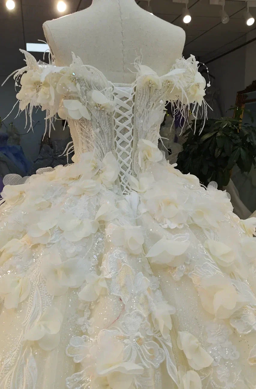 Ethereal Off-the-Shoulder Ball Gown Wedding Dress with 3D Floral Appliqués, Pearl Beading & Glitter Tulle Ye-2038 - Image 5