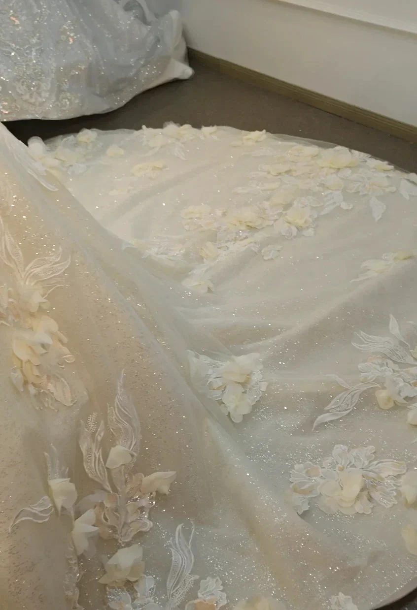 Ethereal Off-the-Shoulder Ball Gown Wedding Dress with 3D Floral Appliqués, Pearl Beading & Glitter Tulle Ye-2038 - Image 7
