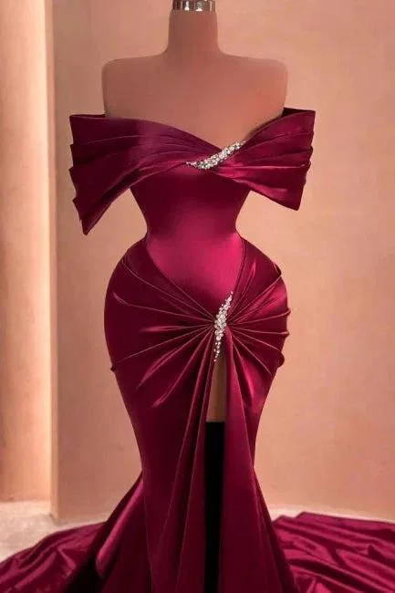 Mulberry Mermaid Off-The-Shoulder Ruffles Split Front Prom Dresses with Beadings - Image 2