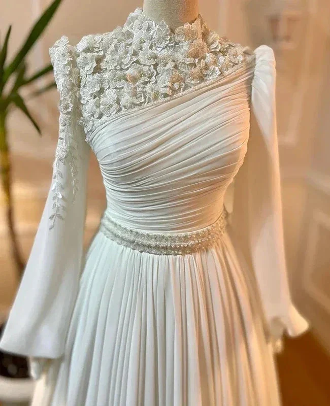 Muslim Wedding Dress Long Sleeves With Pearls Chiffon Appliques Long Pleated Bridal Gowns Y6727 - Image 3