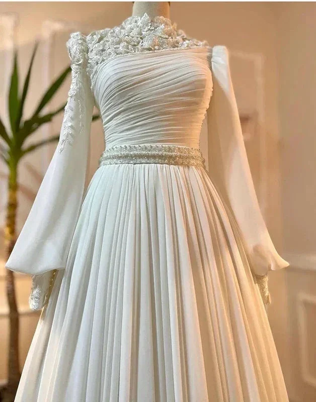 Muslim Wedding Dress Long Sleeves With Pearls Chiffon Appliques Long Pleated Bridal Gowns Y6727 - Image 4