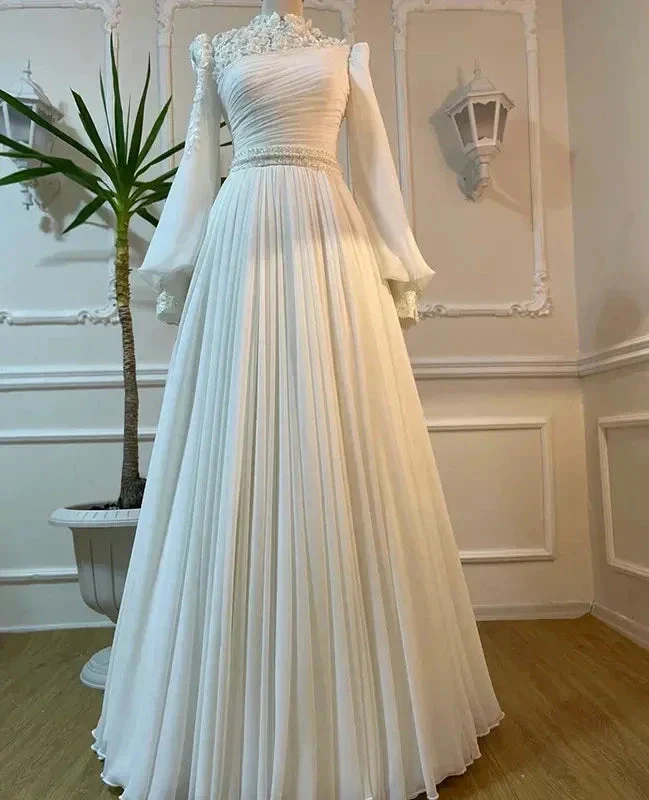 Muslim Wedding Dress Long Sleeves With Pearls Chiffon Appliques Long Pleated Bridal Gowns Y6727 - Image 5