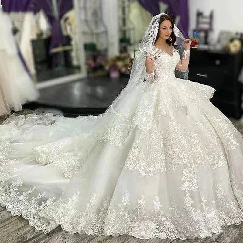 Muslim Wedding Dresses Women's Elegant A-line Arab Bridal Gowns Lace Applique Robe Luxury Princess Layered Group 2023 De Mariée - Image 3