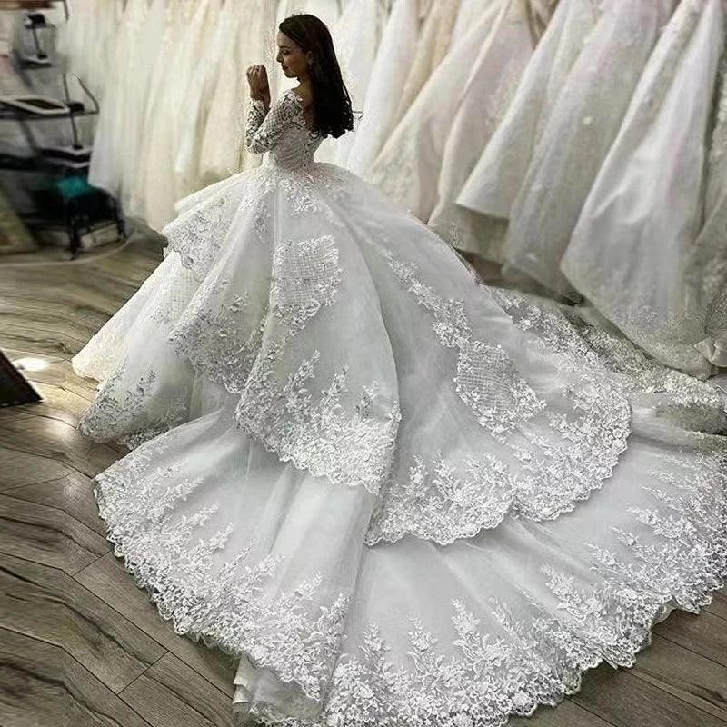 Muslim Wedding Dresses Women's Elegant A-line Arab Bridal Gowns Lace Applique Robe Luxury Princess Layered Group 2023 De Mariée - Image 4