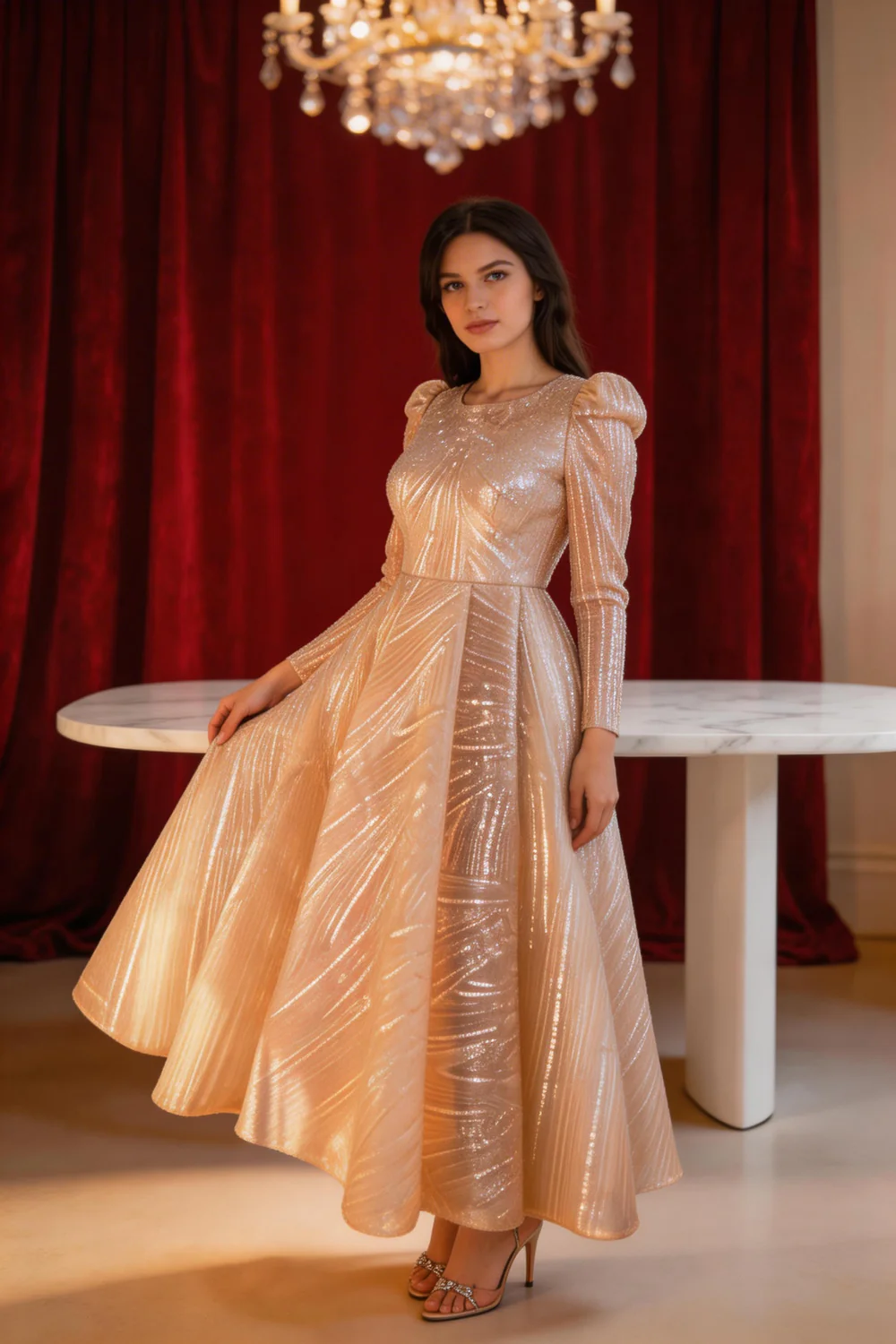 Muslim Women's Sequins A-line Evening Dress Y6991 - Image 3