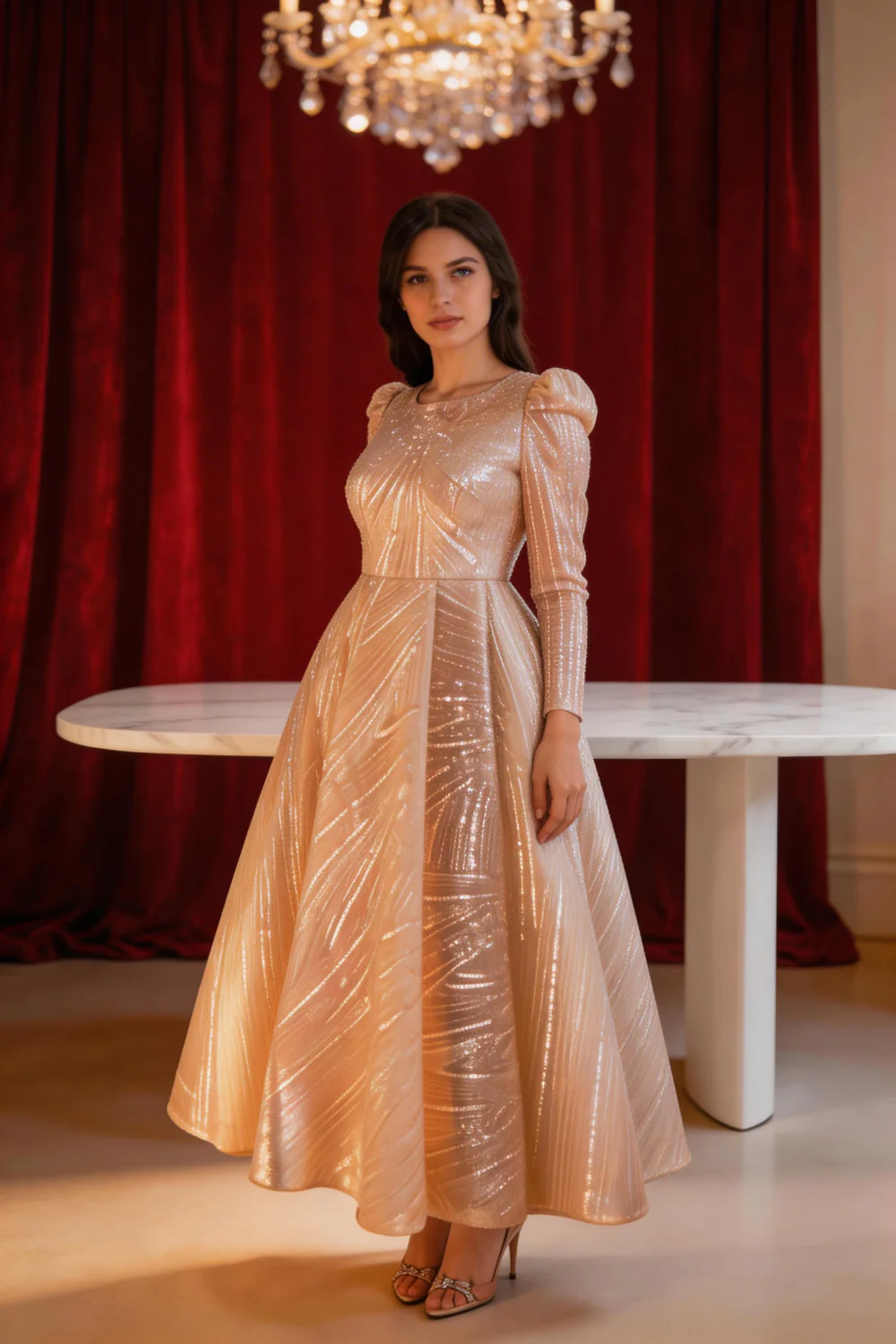Muslim Women's Sequins A-line Evening Dress Y6991 - Image 4