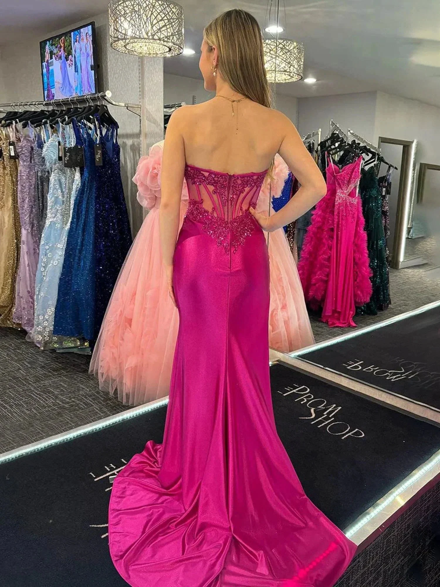 Myki | Fuchsia Strapless Satin Mermaid Long Prom Dresses with Slit - Image 2