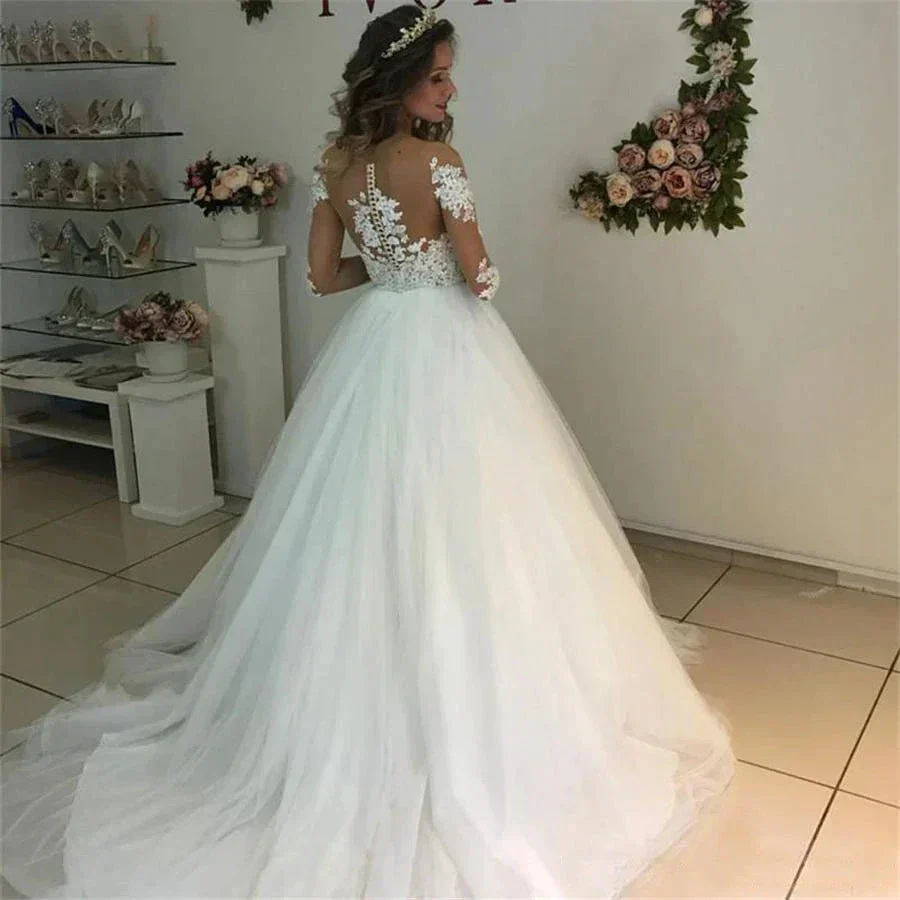 MYYBLE Illusion Scoop Long Sleeve Wedding Dresses Lace Appliques Sheer Back White/ Ivory Tulle Wedding Dress Lace Wedding Gowns - Image 4