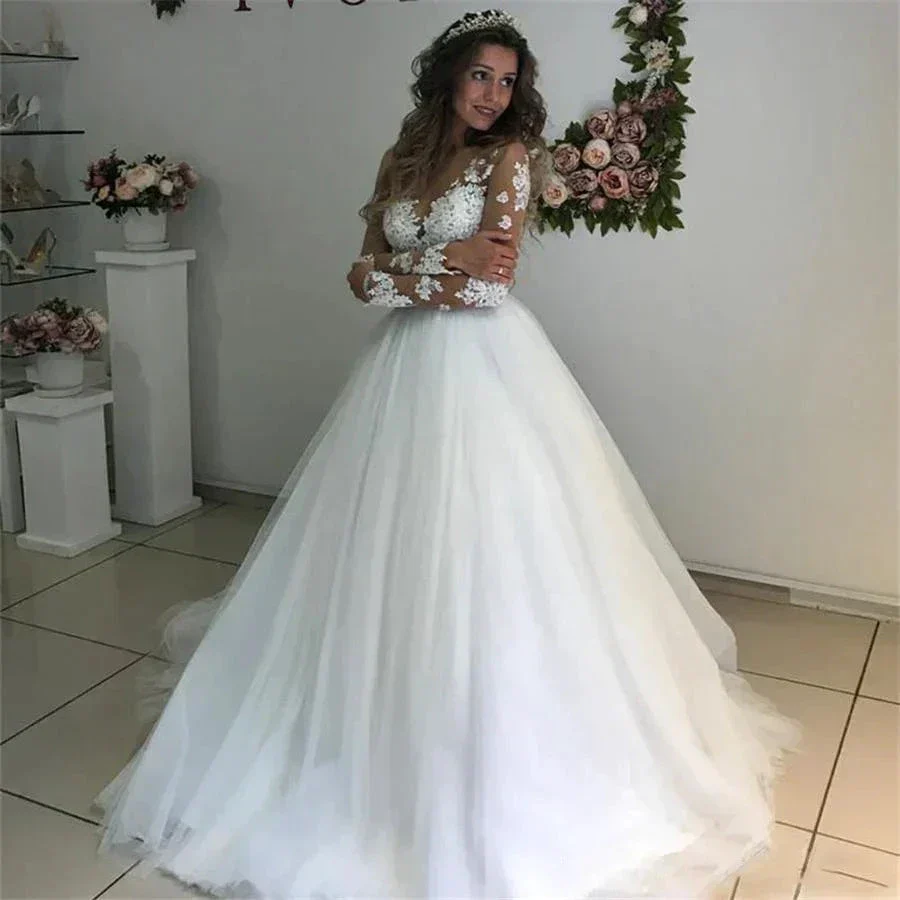 MYYBLE Illusion Scoop Long Sleeve Wedding Dresses Lace Appliques Sheer Back White/ Ivory Tulle Wedding Dress Lace Wedding Gowns - Image 5
