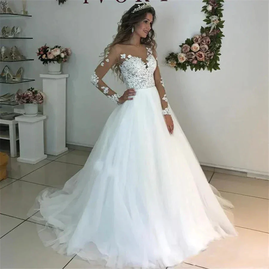 MYYBLE Illusion Scoop Long Sleeve Wedding Dresses Lace Appliques Sheer Back White/ Ivory Tulle Wedding Dress Lace Wedding Gowns - Image 6