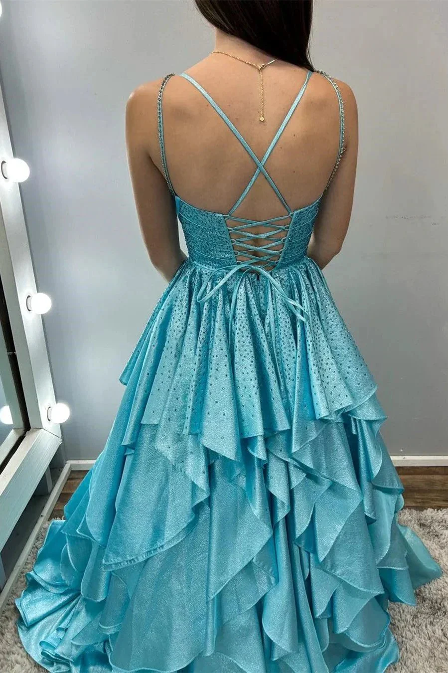 Nacre | Aqua Blue Hot Stone Multi-Layer Ruffle Long Prom Dress - Image 2
