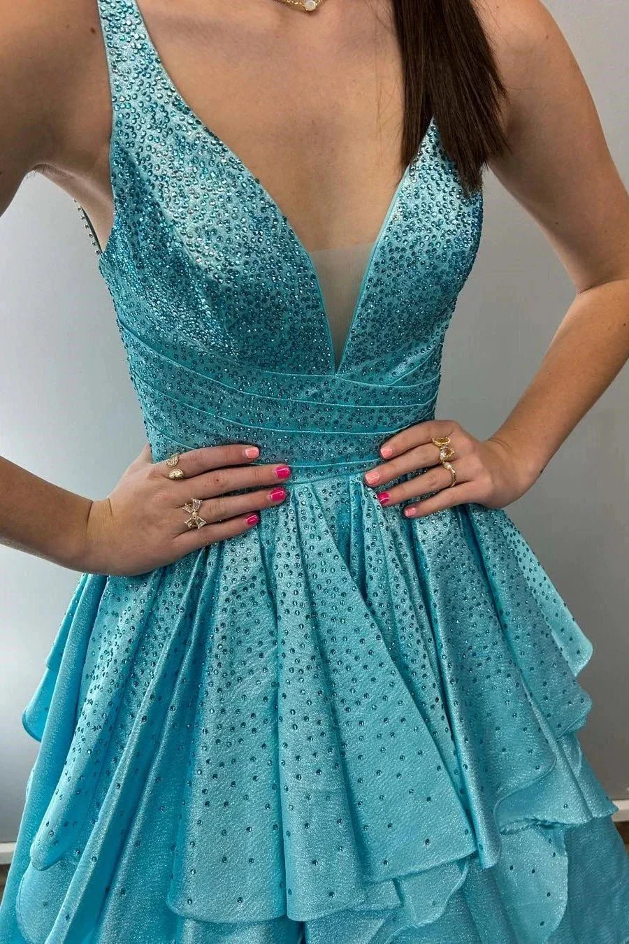 Nacre | Aqua Blue Hot Stone Multi-Layer Ruffle Long Prom Dress - Image 3