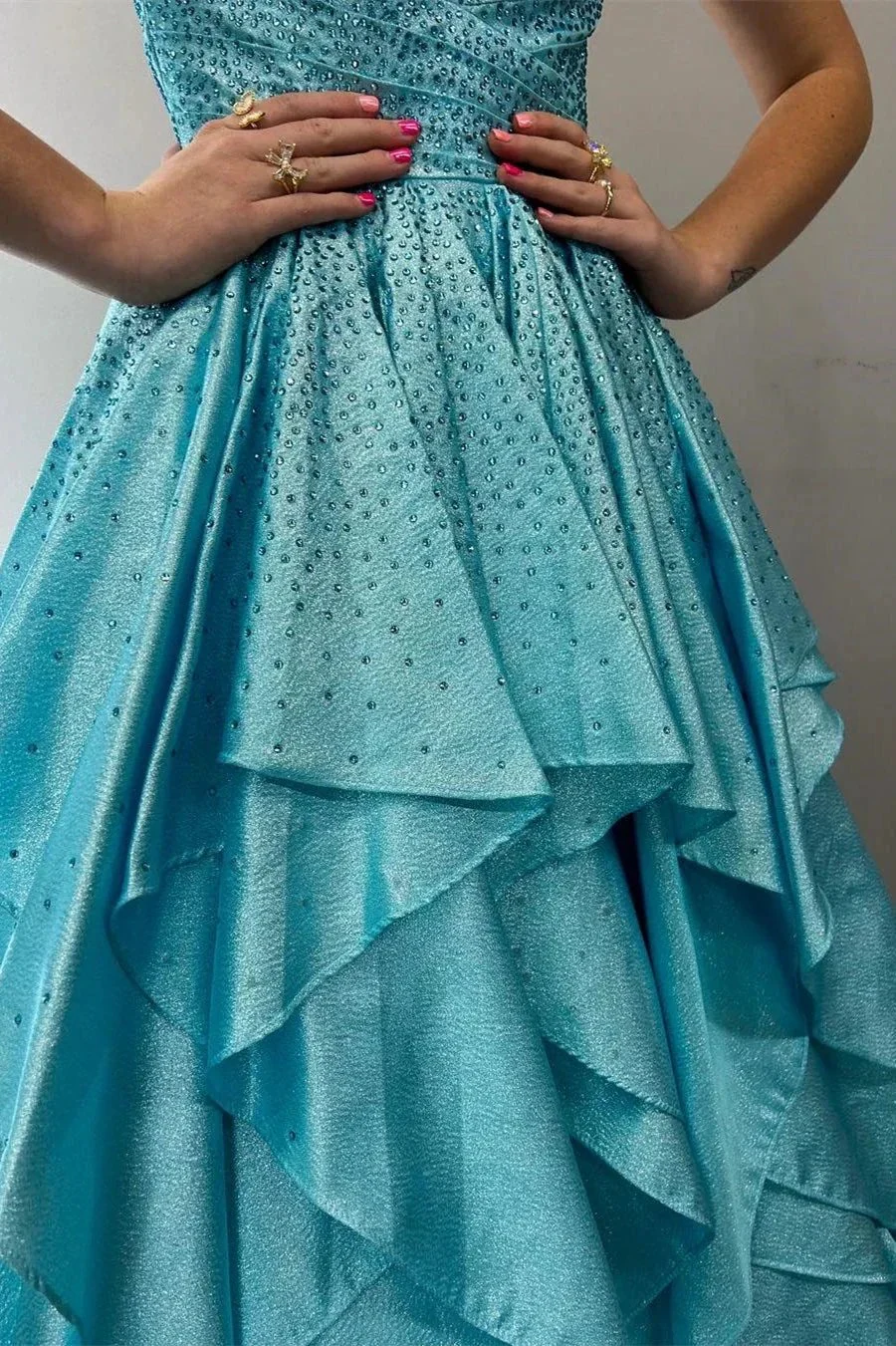 Nacre | Aqua Blue Hot Stone Multi-Layer Ruffle Long Prom Dress - Image 4