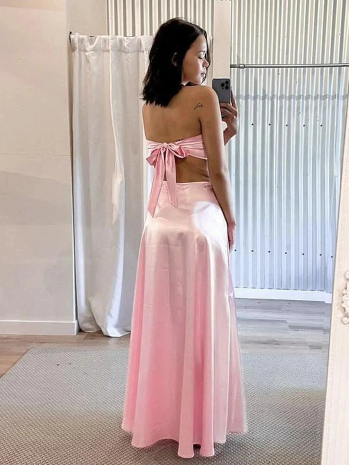 Nadine | PInk Strapless Back Tie Satin A-line Prom Dress - Image 2