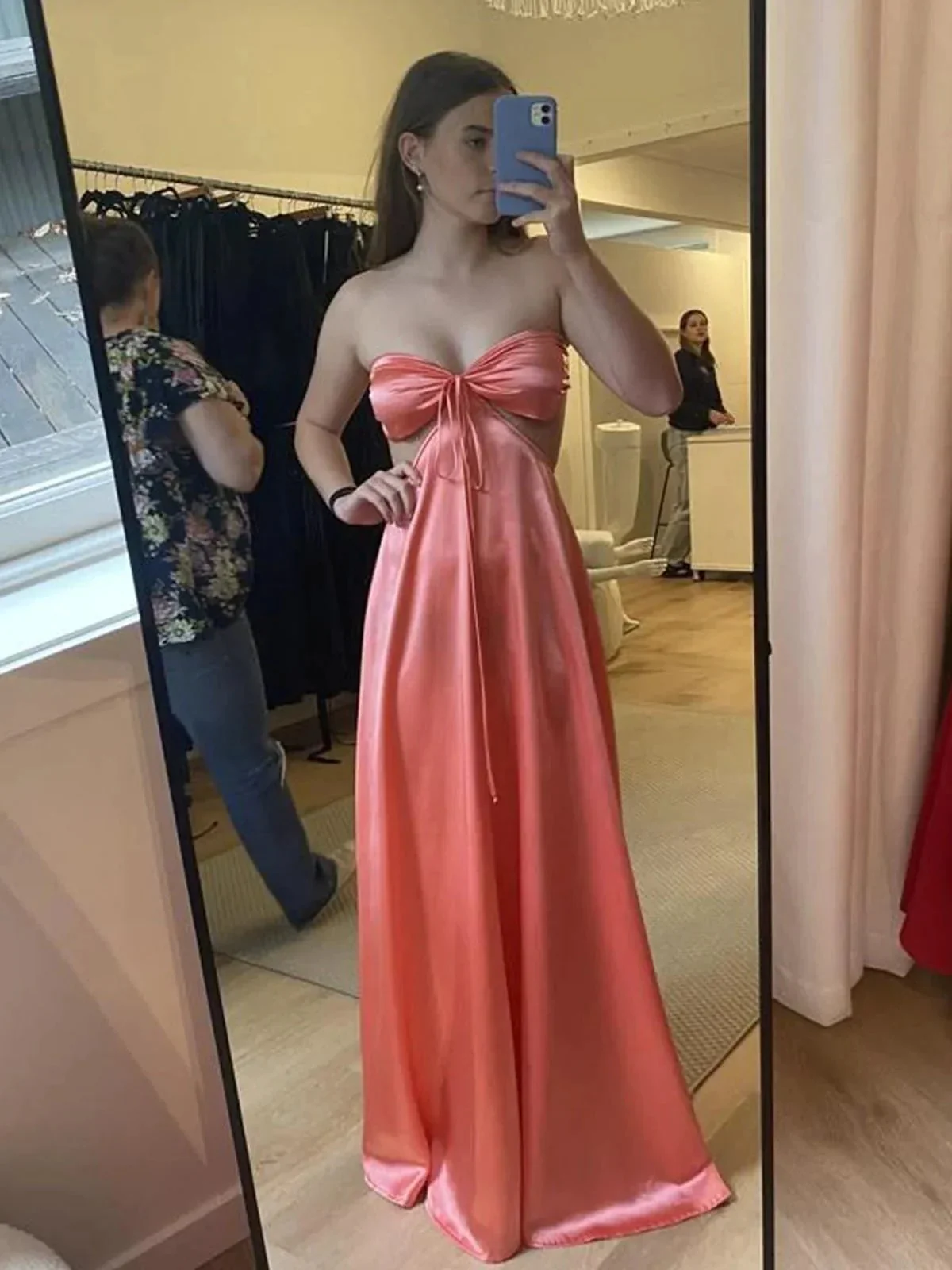 Nadine | PInk Strapless Back Tie Satin A-line Prom Dress - Image 5