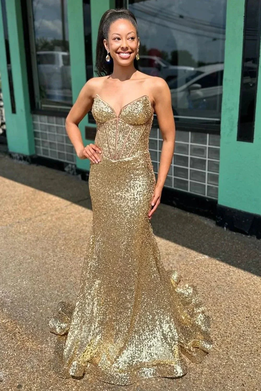 Nadir | Gold Strapless Mermaid Sequins Long Prom Dress - Image 3