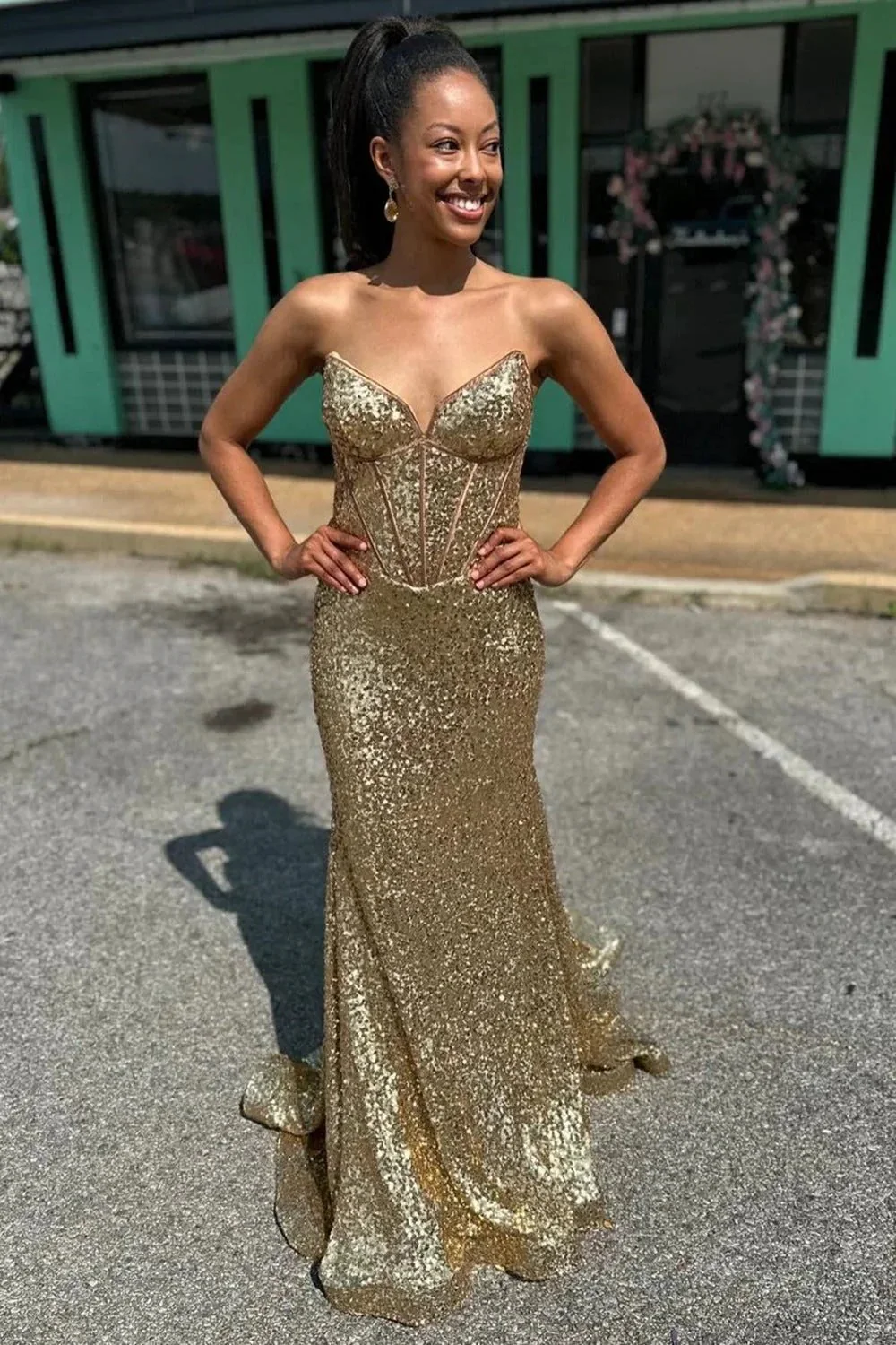 Nadir | Gold Strapless Mermaid Sequins Long Prom Dress - Image 4