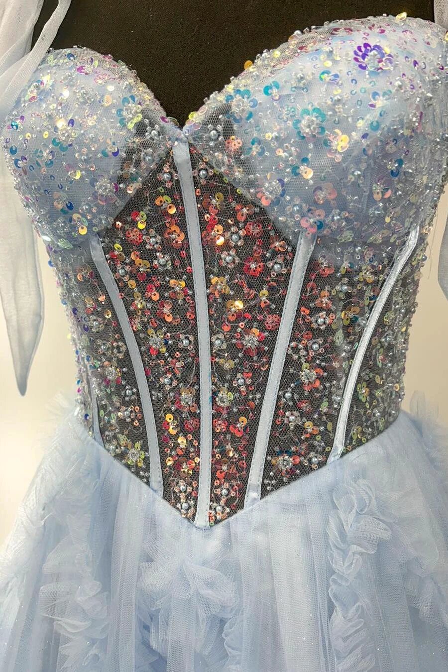 Nalda | Blue Spaghetti Straps Sequins Tulle A Line Prom Dress - Image 2