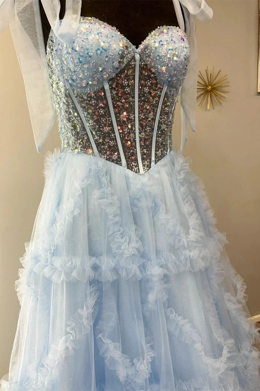 Nalda | Blue Spaghetti Straps Sequins Tulle A Line Prom Dress - Image 3