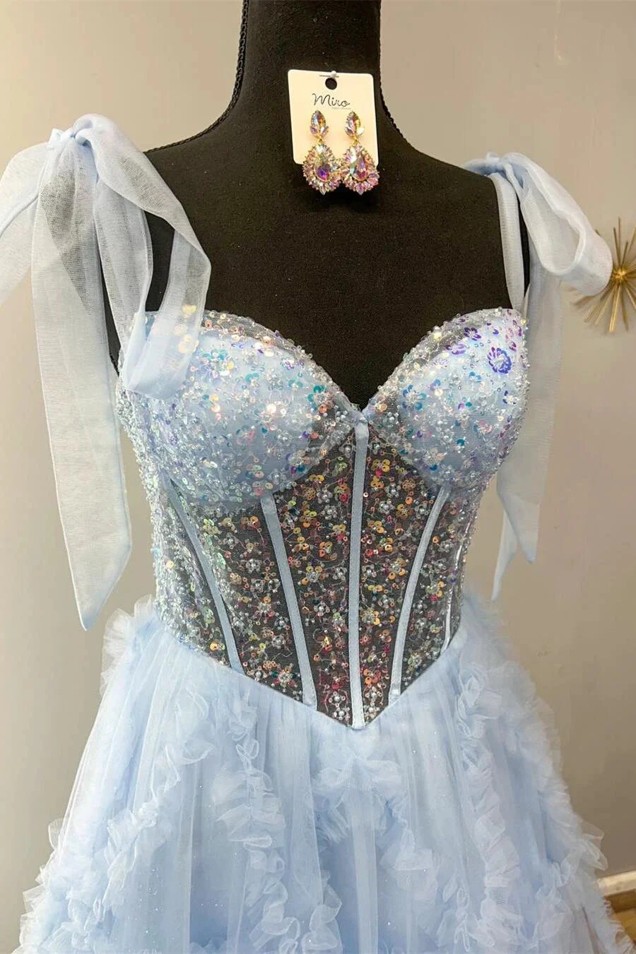 Nalda | Blue Spaghetti Straps Sequins Tulle A Line Prom Dress - Image 4