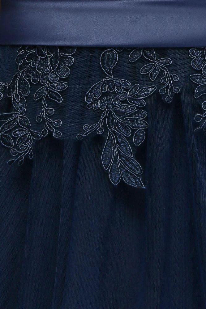A-line Half Sleeves Floor Length Slit Appliqued Tulle Prom Dresses with Sash - Image 10