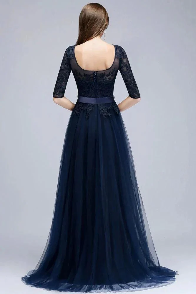 A-line Half Sleeves Floor Length Slit Appliqued Tulle Prom Dresses with Sash - Image 2