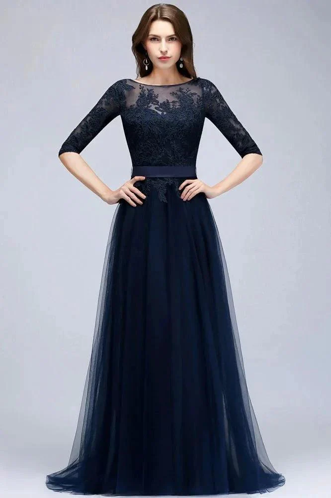 A-line Half Sleeves Floor Length Slit Appliqued Tulle Prom Dresses with Sash - Image 3