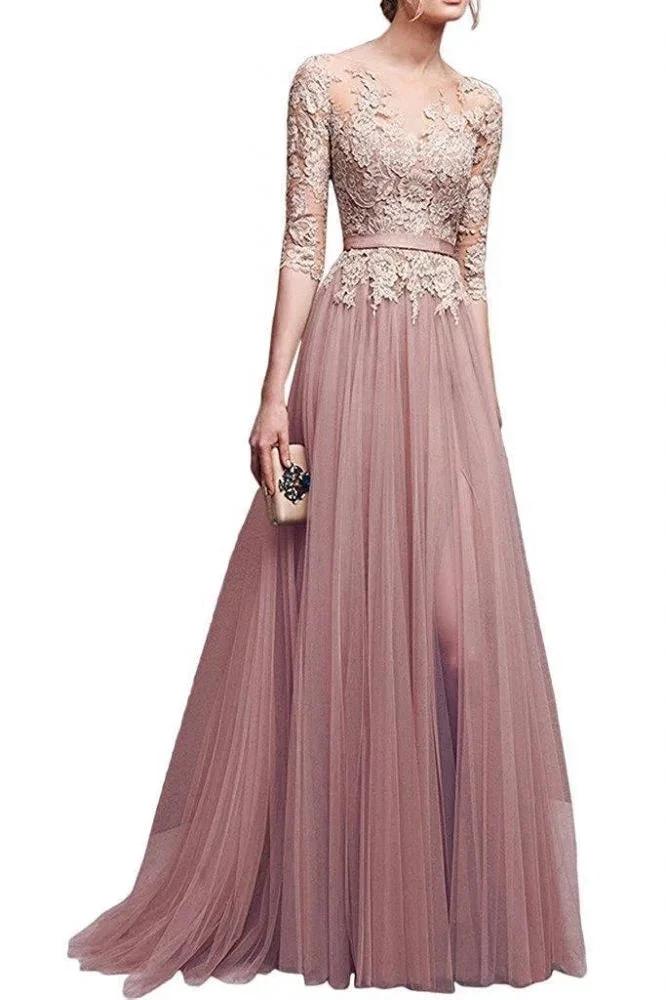 A-line Half Sleeves Floor Length Slit Appliqued Tulle Prom Dresses with Sash - Image 5