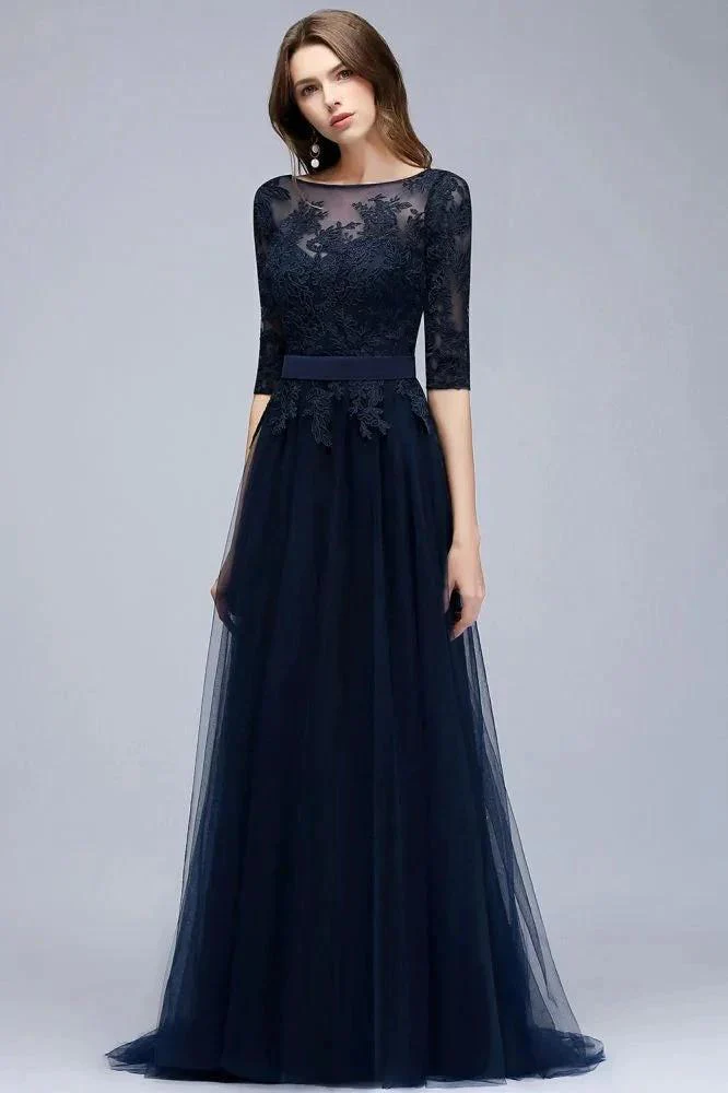 A-line Half Sleeves Floor Length Slit Appliqued Tulle Prom Dresses with Sash - Image 6