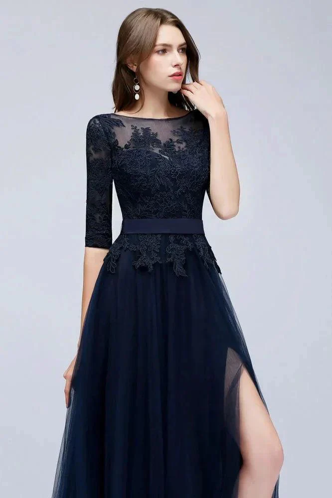 A-line Half Sleeves Floor Length Slit Appliqued Tulle Prom Dresses with Sash - Image 7
